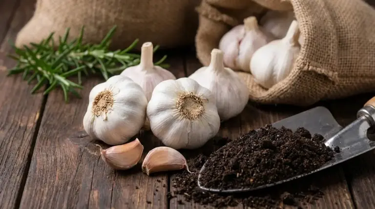 Bulbi e spicchi d'aglio con terra e paletta su tavolo rustico, pronti per la semina nell'orto