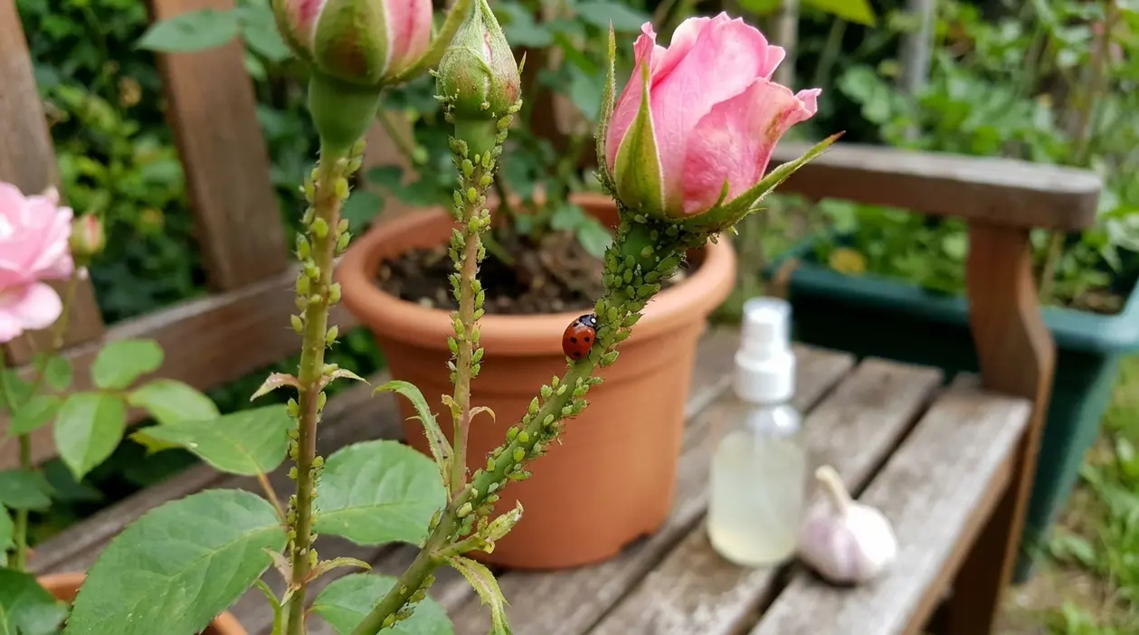 Afidi verdi sui boccioli di rosa in vaso, con coccinella e spray naturale su un tavolo da giardino