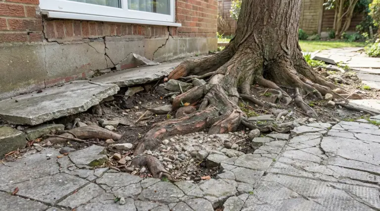 Radici di un grande albero sollevano il pavimento e causano crepe vicino alle fondamenta di una casa