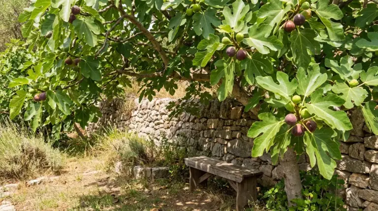 Albero di fico in giardino con frutti maturi, foglie ampie e panchina all’ombra vicino a un muretto in pietra
