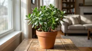 Albero di giada in vaso su un tavolo vicino alla finestra, all'interno di un soggiorno luminoso