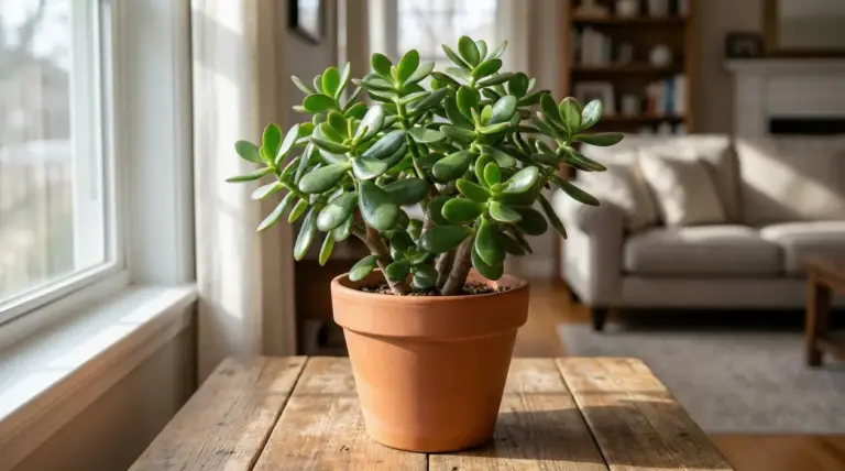 Albero di giada in vaso su un tavolo vicino alla finestra, all'interno di un soggiorno luminoso