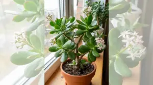Albero di giada in vaso sul davanzale di casa, con foglie carnose e piccoli fiori chiari