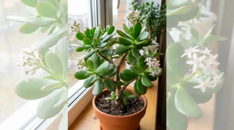 Albero di giada in vaso sul davanzale di casa, con foglie carnose e piccoli fiori chiari