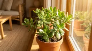 Albero di giada in vaso posizionato vicino a una finestra luminosa in casa