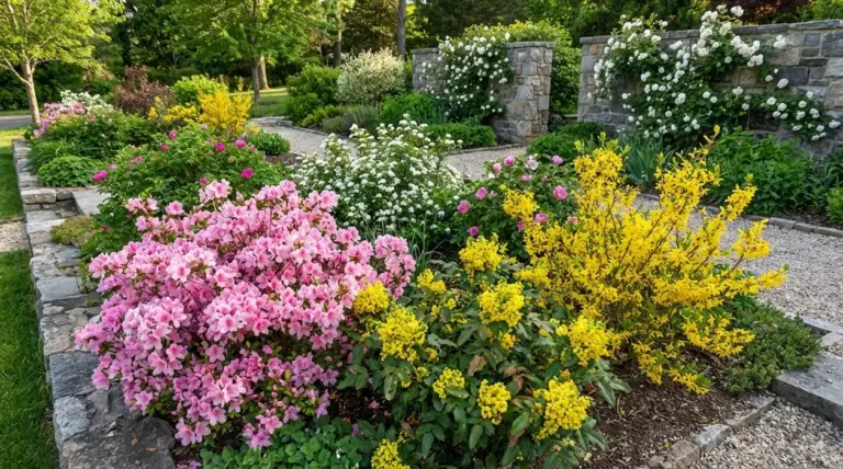 Giardino ornamentale con arbusti fioriti rosa, gialli e bianchi lungo un vialetto in pietra