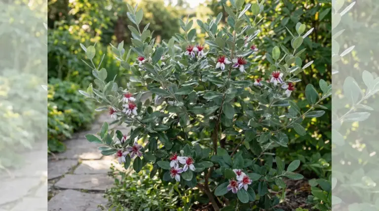 Arbusto sempreverde con fiori bianco-rosa in un giardino soleggiato, ideale per profumare gli spazi esterni