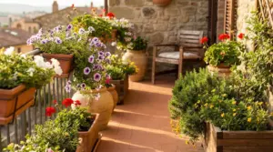 Balcone soleggiato con fioriere e vasi di fiori colorati e piante perenni rigogliose