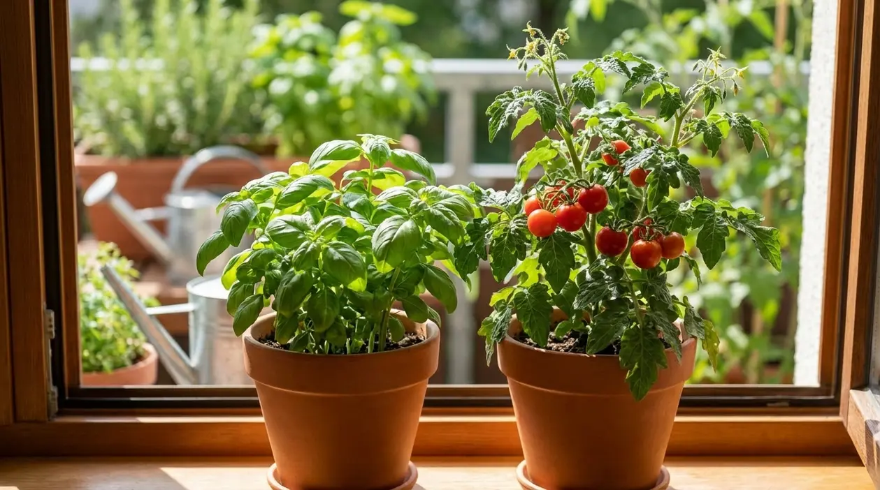 Pianta di basilico accanto a un pomodoro in vaso su un balcone luminoso
