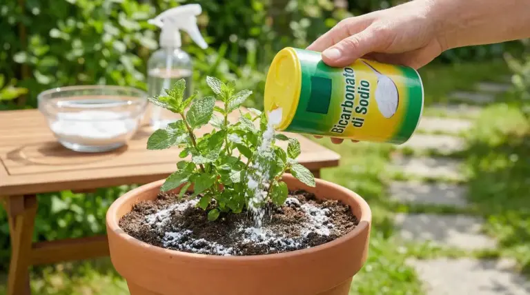 Mano che sparge bicarbonato nel terriccio di una pianta in vaso in giardino