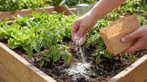 Mani che spargono bicarbonato nel terreno di un orto rialzato tra piante di pomodoro e insalata