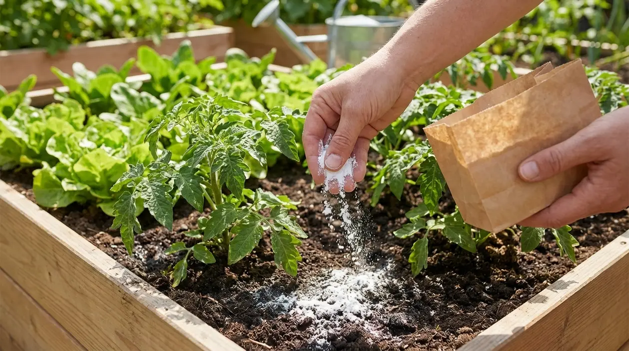 Mani che spargono bicarbonato nel terreno di un orto rialzato tra piante di pomodoro e insalata