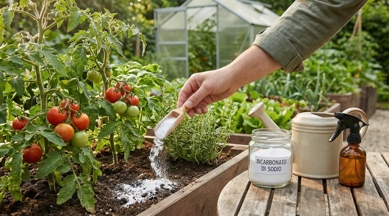 Mano che sparge bicarbonato nel terreno dell’orto accanto a piante di pomodoro in un giardino