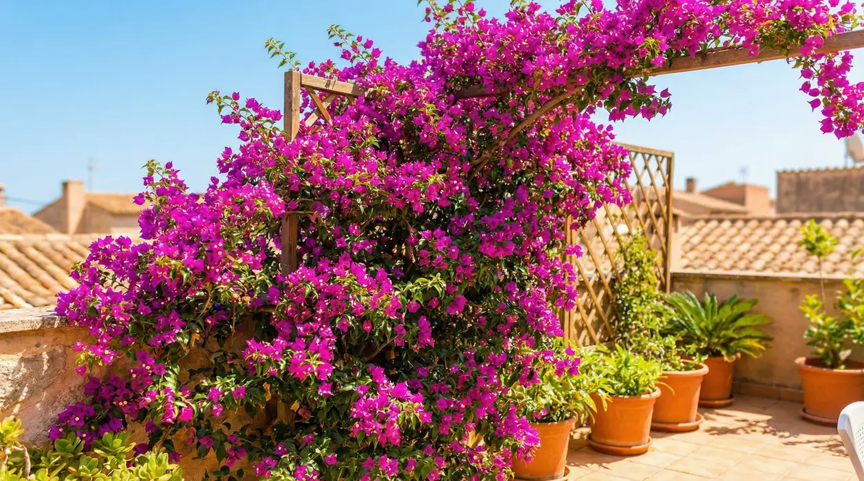 Bougainvillea rigogliosa su pergolato in terrazzo assolato, ideale come schermo naturale contro sole e caldo