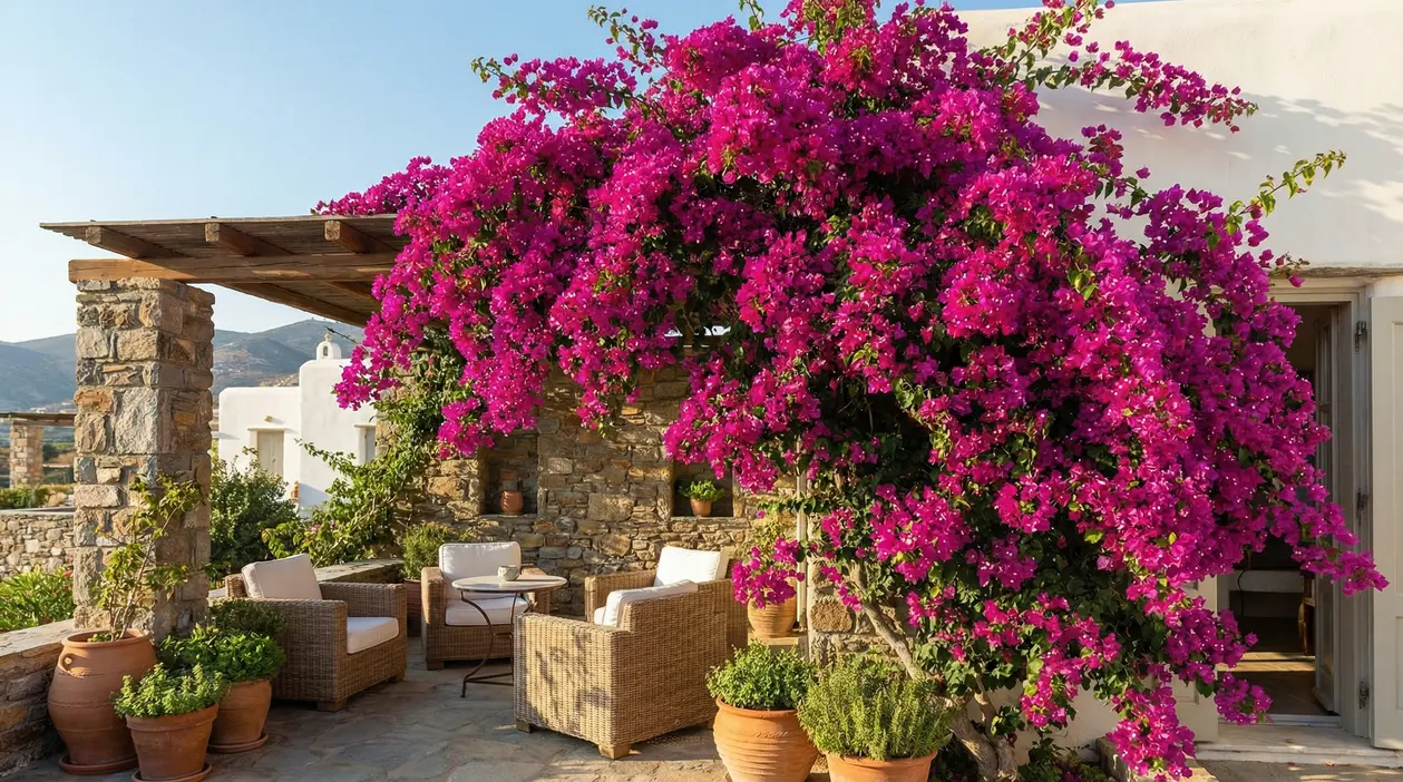Bouganville fucsia rigogliosa in fiore su una terrazza soleggiata accanto a una casa in pietra