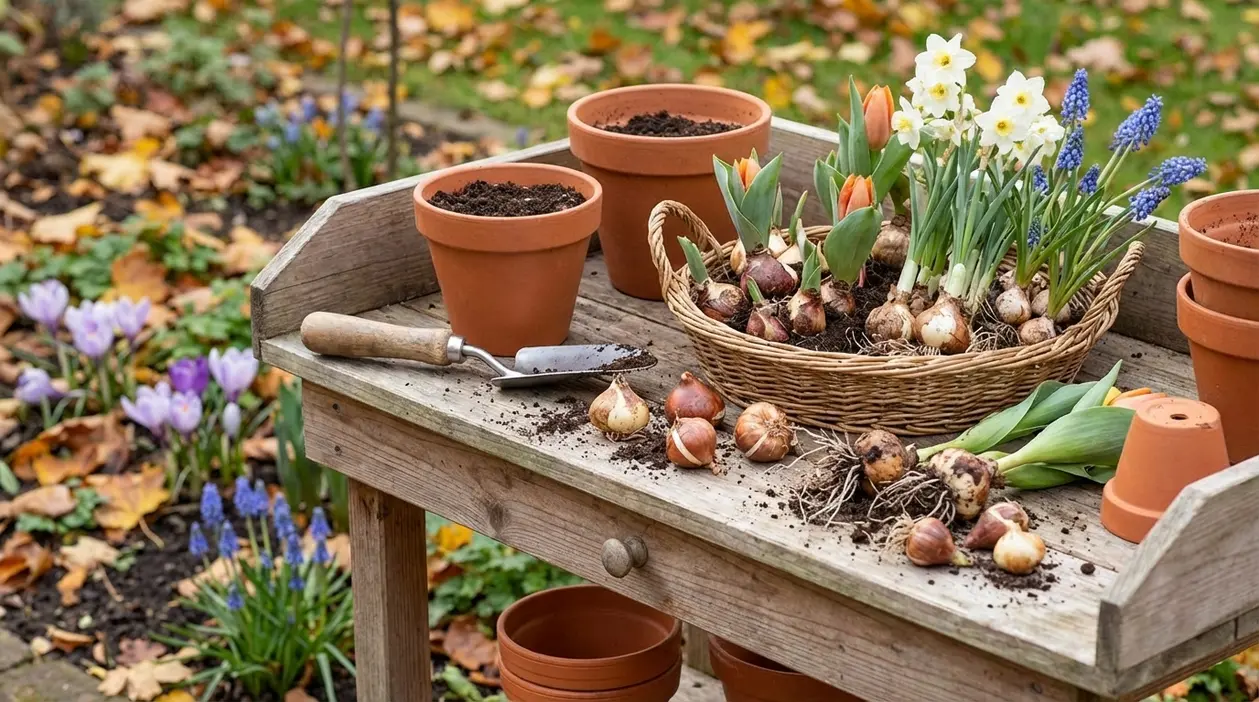 Bulbi da fiore e vasi in terracotta su un tavolo da giardino, pronti per la piantagione autunnale