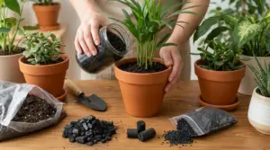 Persona aggiunge carbone attivo in un vaso con pianta da interno durante il rinvaso su un tavolo di legno