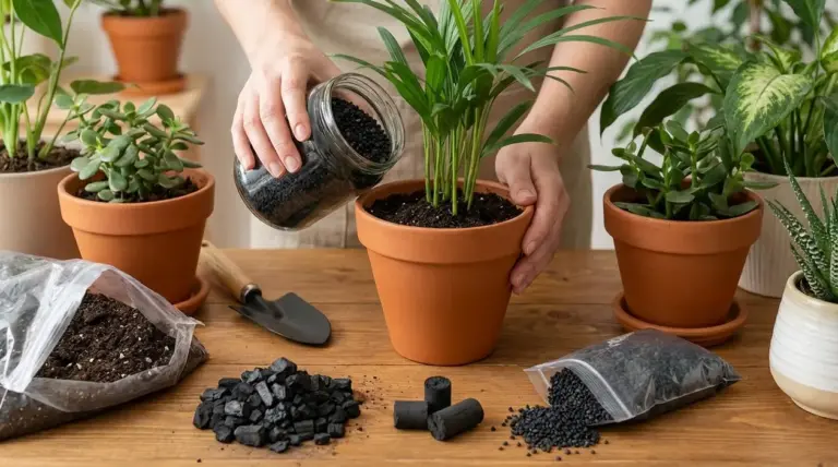 Persona aggiunge carbone attivo in un vaso con pianta da interno durante il rinvaso su un tavolo di legno