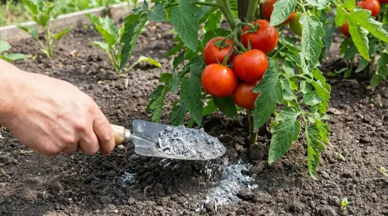 Mano che sparge cenere alla base di una pianta di pomodoro con frutti rossi nell’orto