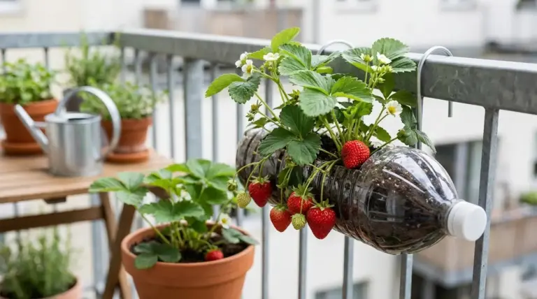 Pianta di fragole coltivata in una bottiglia di plastica appesa alla ringhiera del balcone