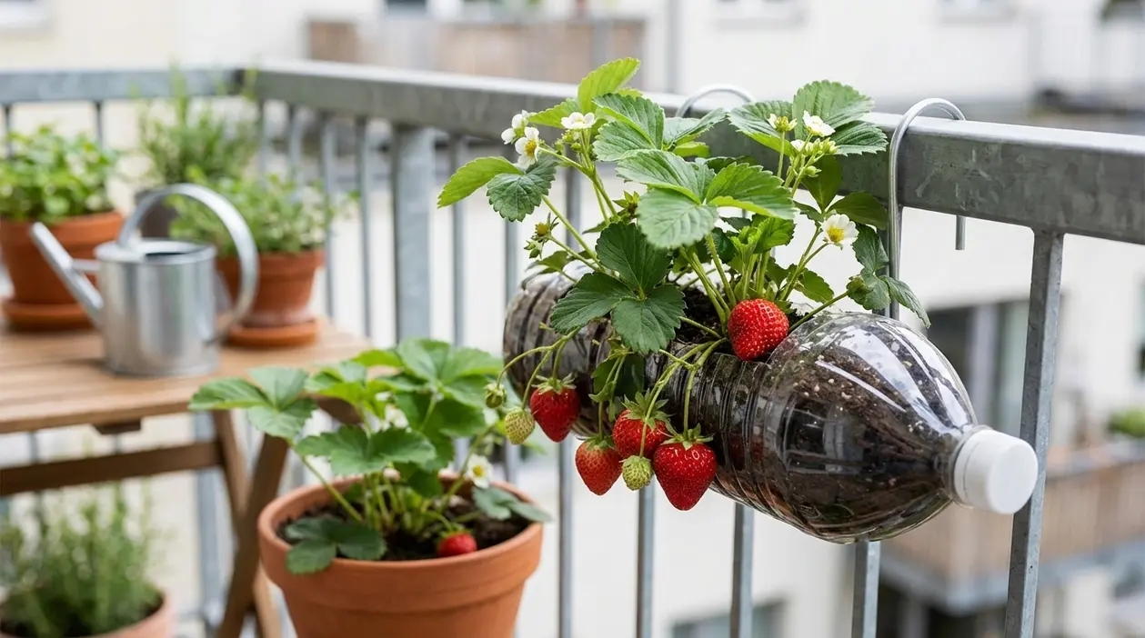 Pianta di fragole coltivata in una bottiglia di plastica appesa alla ringhiera del balcone