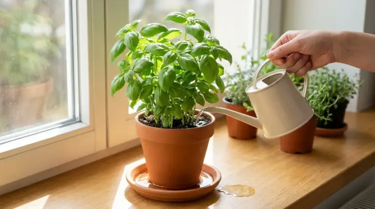 Pianta di basilico in vaso sul davanzale mentre viene annaffiata con un piccolo innaffiatoio