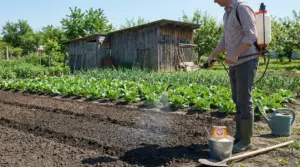 Persona che tratta il terreno dell'orto con uno spruzzatore prima della semina in modo naturale