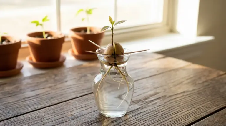 Seme di avocado germogliato in un bicchiere d’acqua con stuzzicadenti, vicino a una finestra luminosa