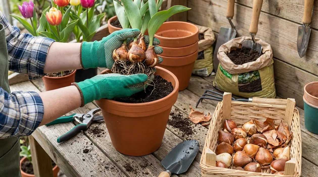 Mani con guanti rinvasano bulbi di tulipano in un vaso, con attrezzi e altri bulbi su un banco da giardino