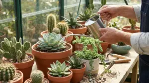 Persona che innaffia piante grasse e cactus in vaso dentro una serra con un annaffiatoio in metallo