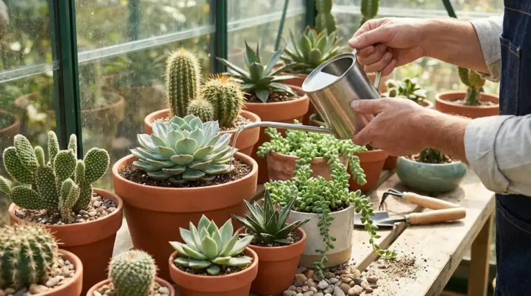 Persona che innaffia piante grasse e cactus in vaso dentro una serra con un annaffiatoio in metallo