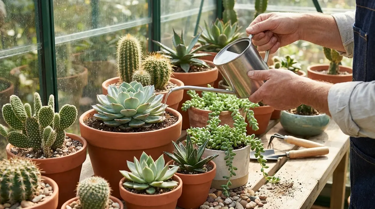 Persona che innaffia piante grasse e cactus in vaso dentro una serra con un annaffiatoio in metallo