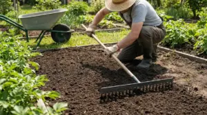 Persona nell’orto livella il terreno con un rastrello accanto a una carriola