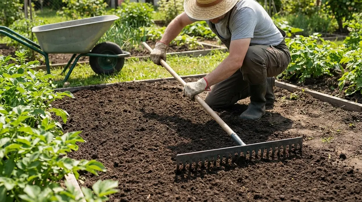 Persona nell’orto livella il terreno con un rastrello accanto a una carriola