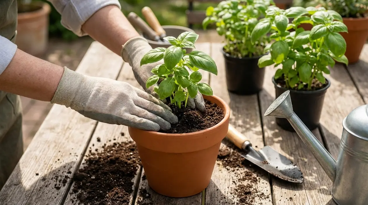 Mani con guanti rinvasano una pianta di basilico in un vaso di terracotta su un tavolo da giardino