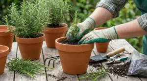 Persona che pianta una talea di rosmarino in un vaso di terracotta su un tavolo da giardinaggio