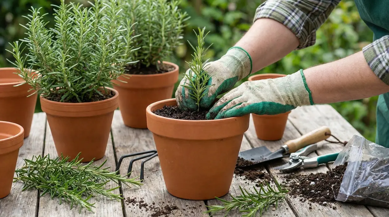 Persona che pianta una talea di rosmarino in un vaso di terracotta su un tavolo da giardinaggio