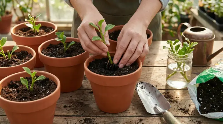 Mani che piantano una talea in un vaso di terracotta con terriccio, accanto ad altre talee in serra