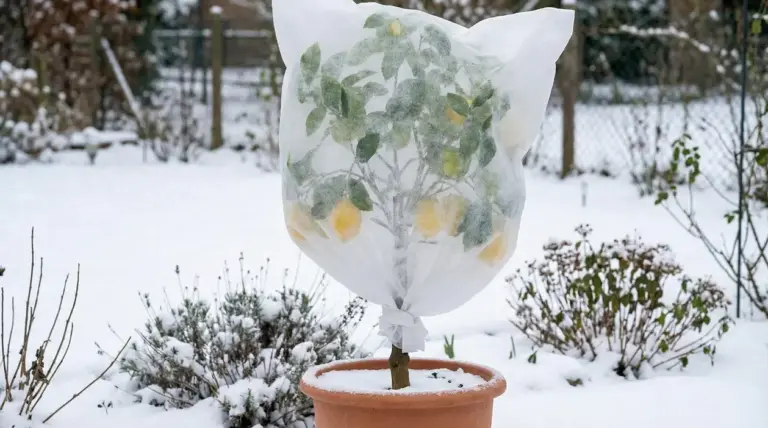 Pianta di limone in vaso coperta con telo protettivo contro il gelo in un giardino innevato