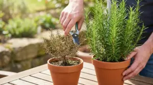 Persona pota un rosmarino secco in vaso accanto a una pianta di rosmarino sana e verde
