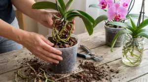 Mani che rinvasano un’orchidea con radici esposte in vaso trasparente con corteccia su tavolo da lavoro