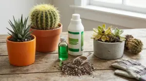 Piante grasse e cactus in vaso con flaconi di concime e terriccio su un tavolo vicino a una finestra