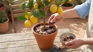Persona aggiunge un concime naturale fai da te al terriccio di un limone in vaso carico di frutti maturi