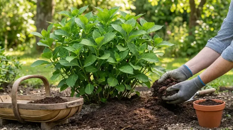 Mani con guanti distribuiscono concime naturale attorno a un'ortensia verde in giardino