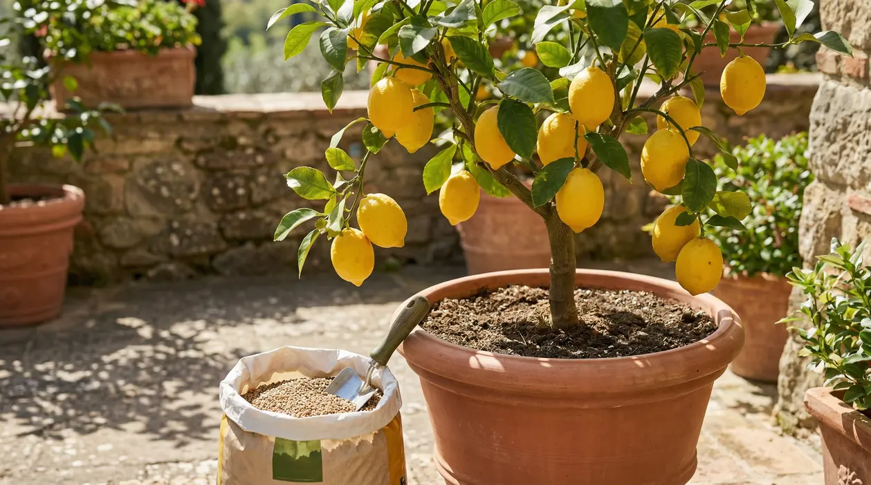 Pianta di limone in vaso con frutti maturi accanto a concime granulare, in un terrazzo soleggiato