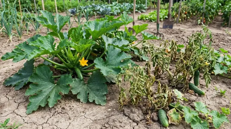Pianta di zucchine vigorosa accanto a piante di cetriolo appassite nell'orto