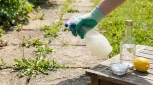 Mano con guanto spruzza un diserbante naturale su erbacce tra le fughe del pavimento in giardino