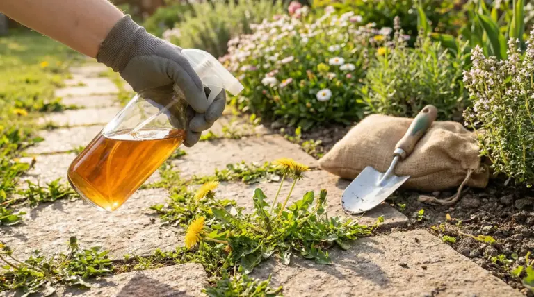 Mano con guanto spruzza diserbante naturale fai da te su erbacce tra le pietre del giardino