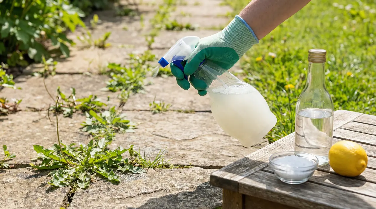 Mano con guanto spruzza un diserbante naturale su erbacce tra le fughe del pavimento in giardino