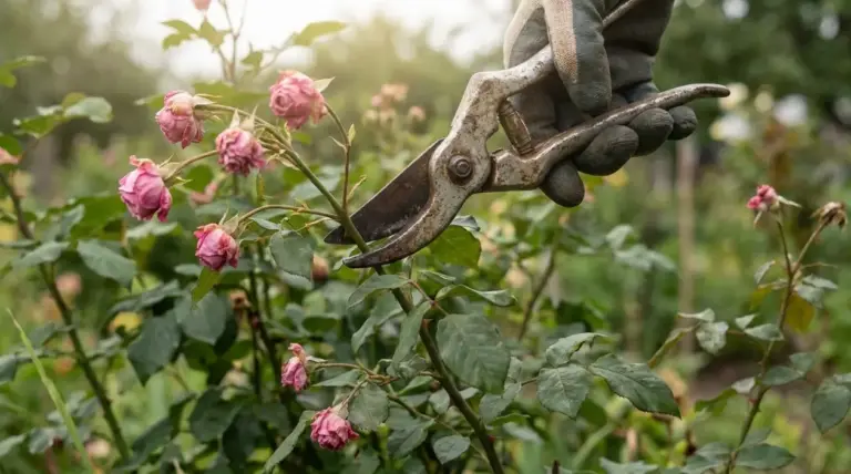 Mano con cesoie che pota rose appassite in giardino per evitare danni alla pianta